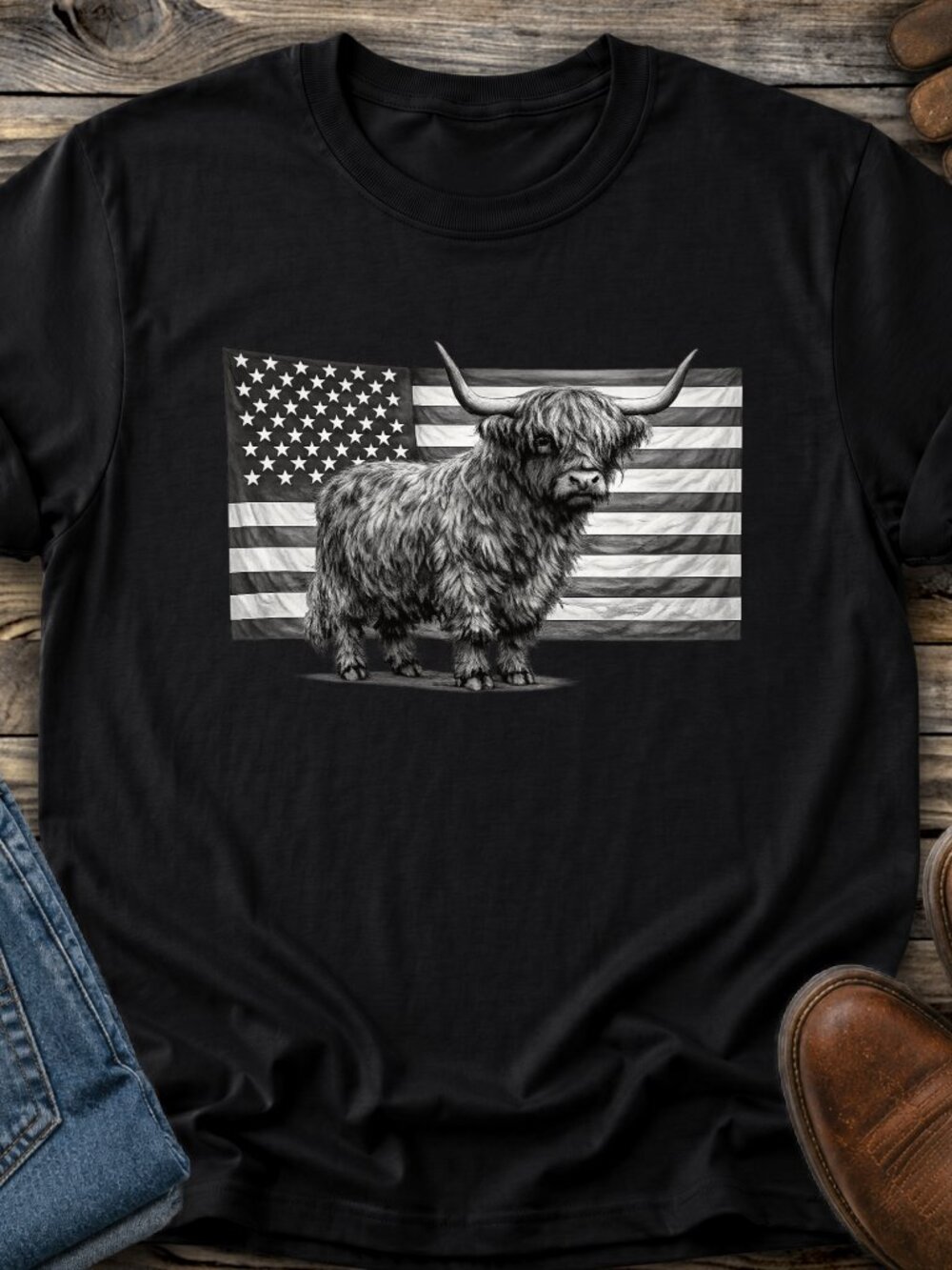 Highland Cow USA Flag Shirt Graphic Tee Adult Unisex Farm Animal Patriotic
